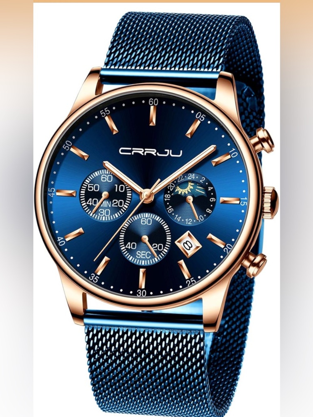 New! CRRJU Men's Blue Watch Auto Date Chronograph Waterproof Watch w Mesh Strap